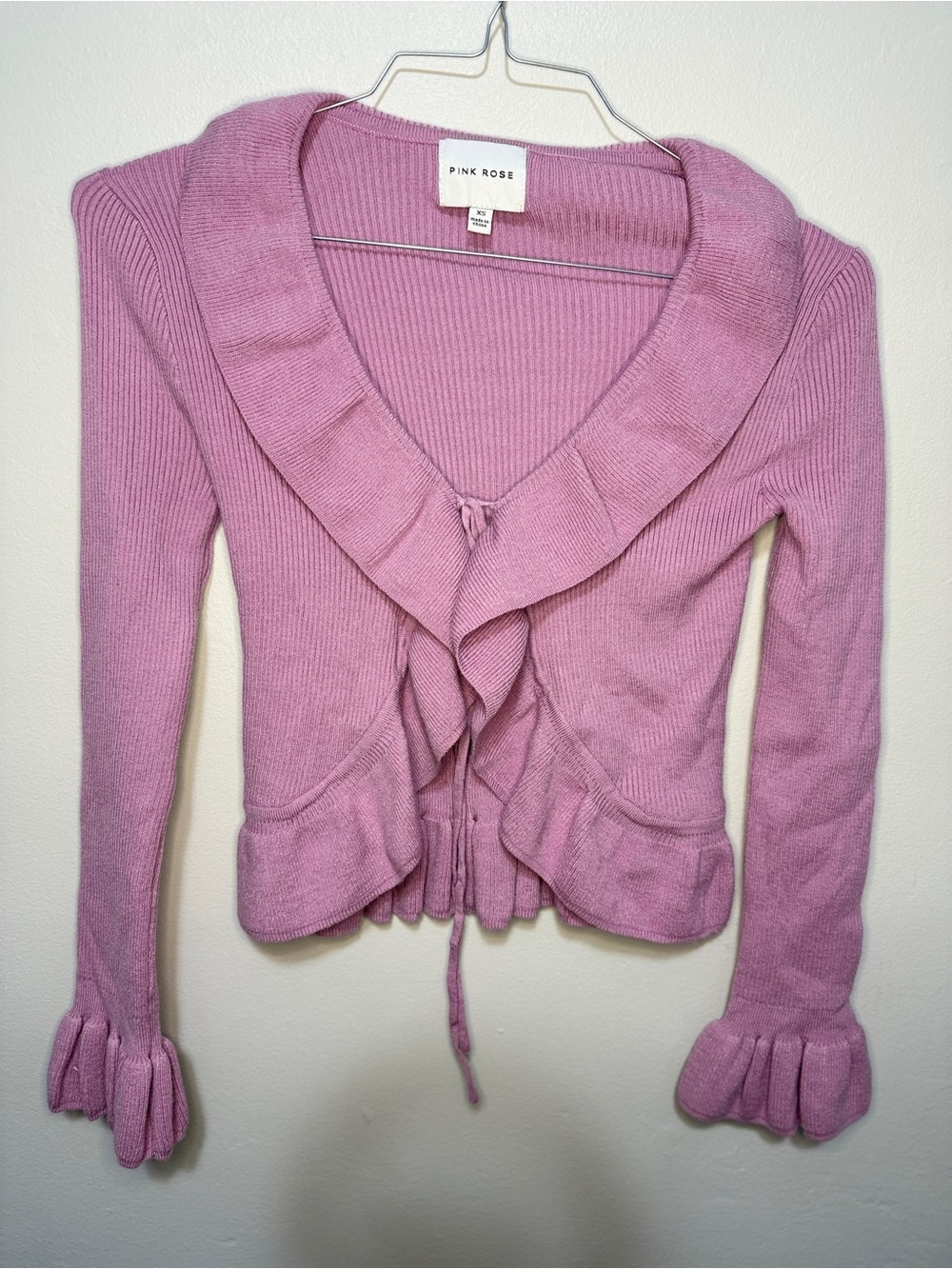 Pink Rose Dusty Pink Ruffle-Front Tie Knit Cardigan